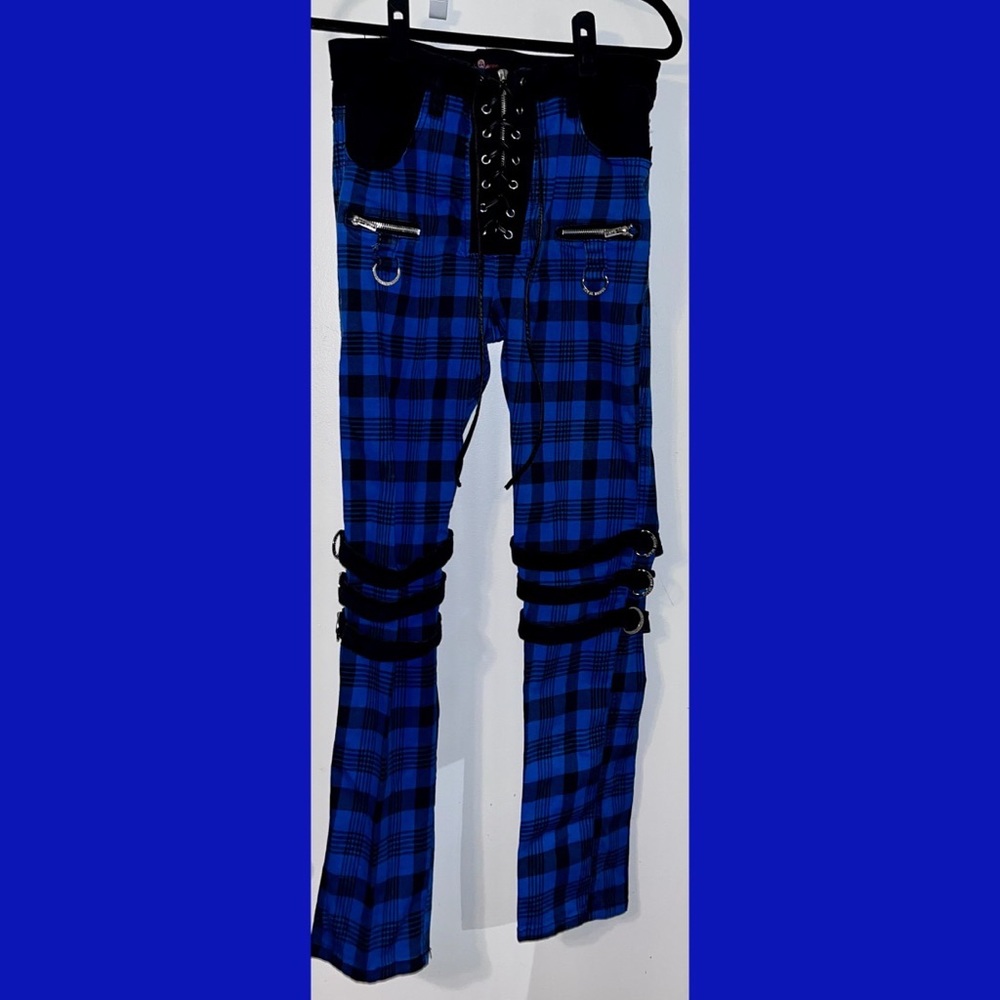 RARE TRIPP Blue Tartan Plaid Skinny Pants Royal Bones Lace Up Bondage Buckles 36